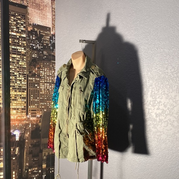 BARNEYS NY - NWT - jacket: olive green w rainbow sequined long sleeves  - 42 / 8 - Picture 5 of 16